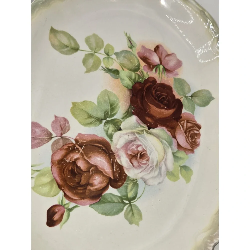 Antique Victorian Floral Transferware Oval Serving Platter Roses Scalloped 1891